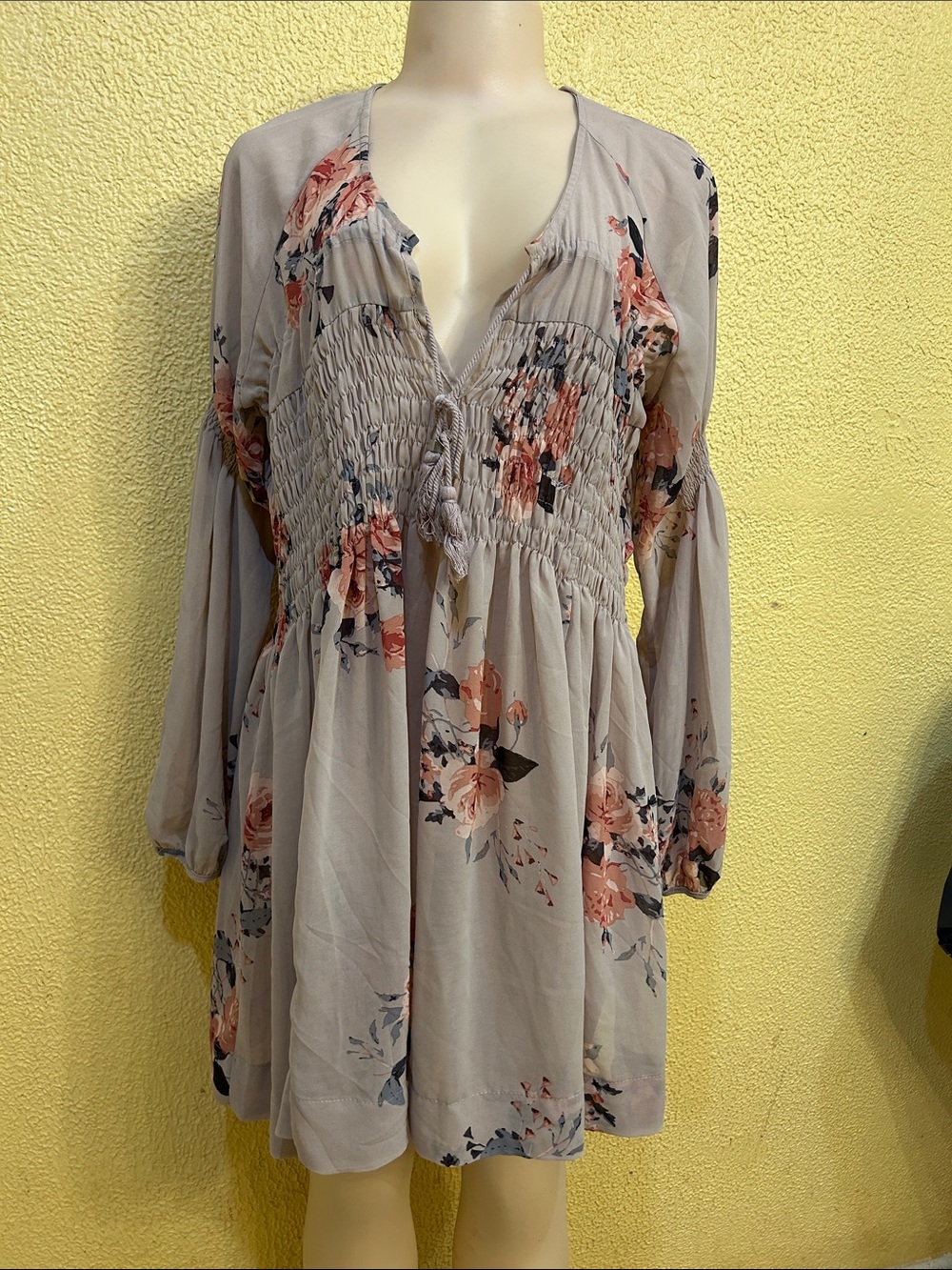 Smocked Floral Long-Sleeve Tunic Top - Dusty Rose